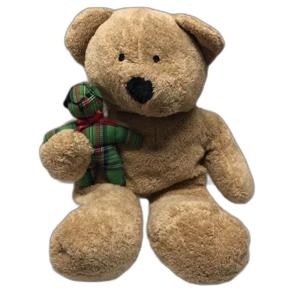 Ty Pluffies Beary Merry 2005 Tan Teddy Bear Holding Green Plaid Mini Plush TyLux